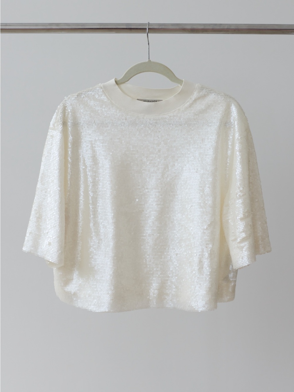 AllSaints White Sequin Short Sleeve Crewneck Top
